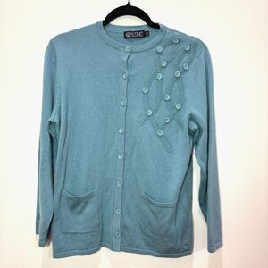 Castle of Ireland Cardigan Teal Blue Women L Wool Embroidered Coastal Granny